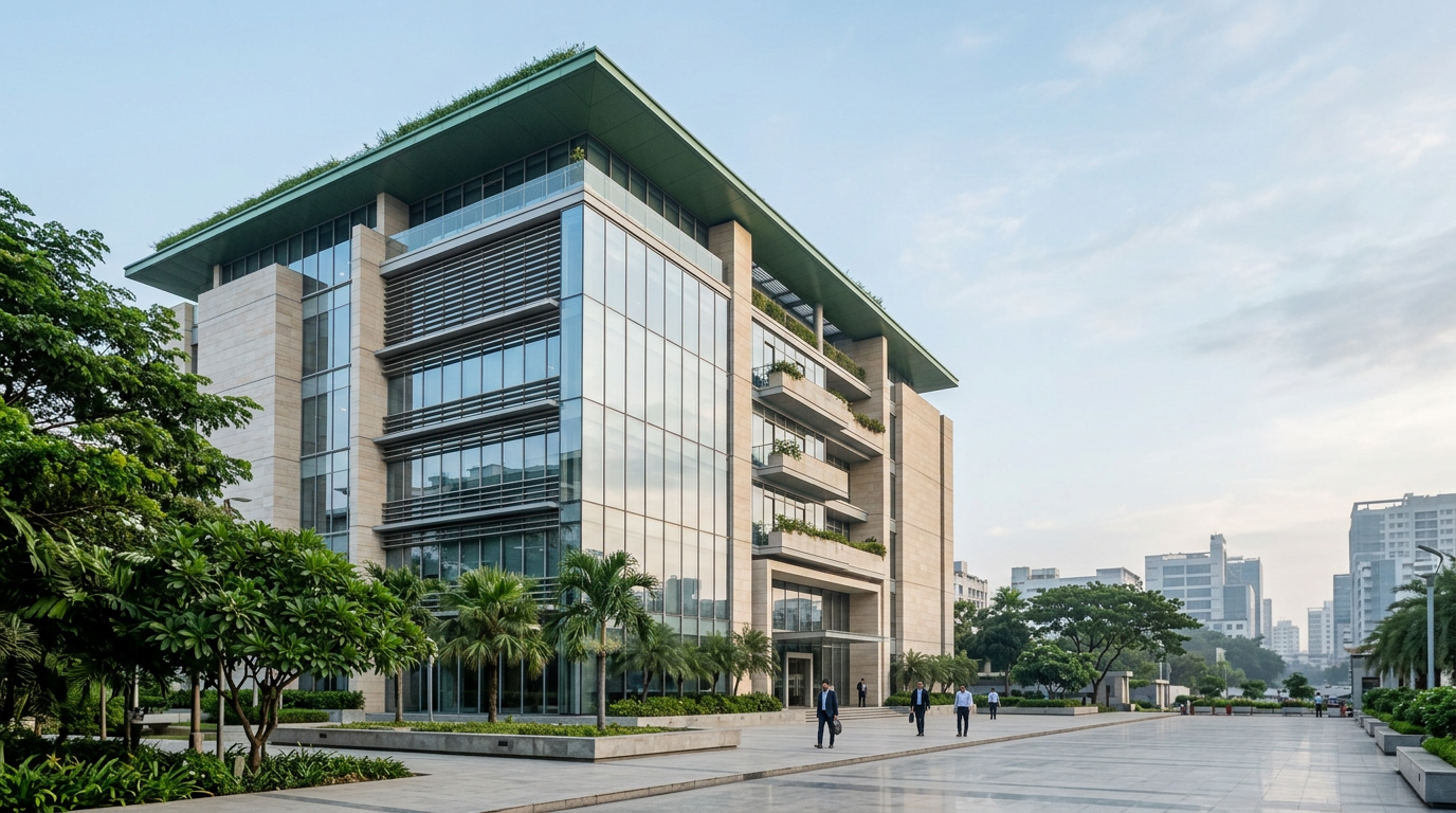 Modern glass-fronted office building framed by greenery